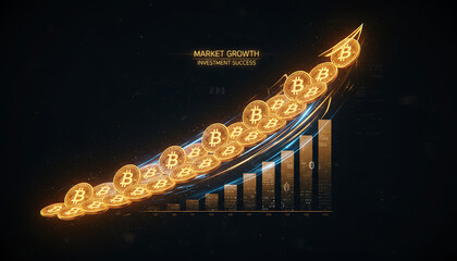 Obraz premium A glowing upward trend of Bitcoin symbols forming a financial growth chart, signifying market expansion and investment success.