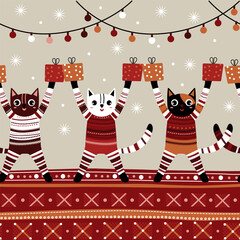 A winter pattern featuring cats in knitted sweaters holding gifts. A cheerful New Year's and Christmas motif with garlands and snowflakes in warm tones of red, brown, and beige.Vector illustration