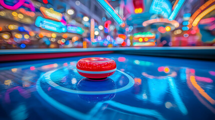Detailed Closeup of Air Hockey Table Surface Featuring Red White and Blue Paddle, Miniature Version of Classic Arcade Game for Sports and Fun Concept Design