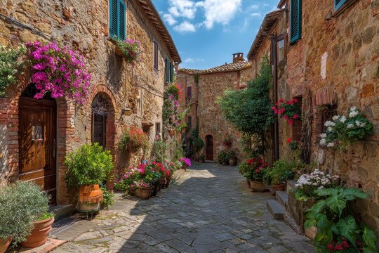 Charming Tuscan Alleyway in Monticchiello: Rustic Stone Houses Adorned with Vibrant Flowers