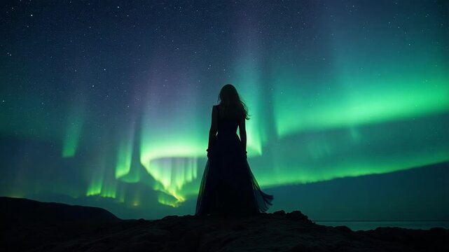 Stunning woman silhouetted against vibrant aurora borealis sky, mesmerizing northern lights dance above, breathtaking night landscape footage, magical celestial display.