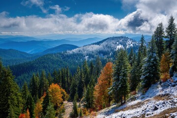Obraz premium Vibrant Autumn Landscape at Mount Spokane State Park: Nature's Glory Amidst Snow-Capped Peaks and Colorful Forests