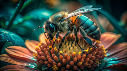 A bee is busy gathering pollen from a bright flower in a lush garden. The scene captures the beauty of nature with vivid colors and details of the insect and petals