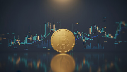 A golden Bitcoin coin is prominently displayed against a backdrop of a fluctuating financial market graph, symbolizing cryptocurrency investment and digital currency trading.
