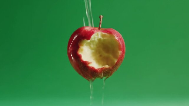 Red apple split by a splash, green core visible, water streams against a vivid green backdrop. Bold