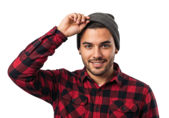 Young man with a stylish beanie and plaid shirt smiling while adjusting his hat