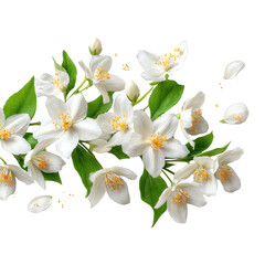 Obraz premium Delicate white jasmine blossoms with green leaves create an elegant floral arrangement