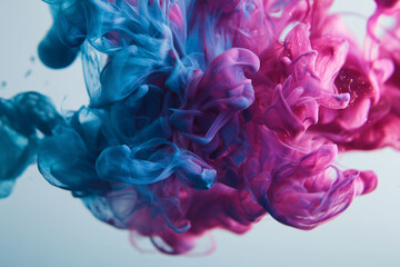 Obraz premium high-resolution macro photograph of blue and pink ink swirling in clear water. Perfect sharpness, smooth gradients, no noise or haze, crisp detail of ink trails, evenly lit white background.