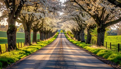 Fototapeta premium An Open Country Road Lined With Flowering Trees Under Golden Hour Sunlight With Green Fields On Either Side And A Fence