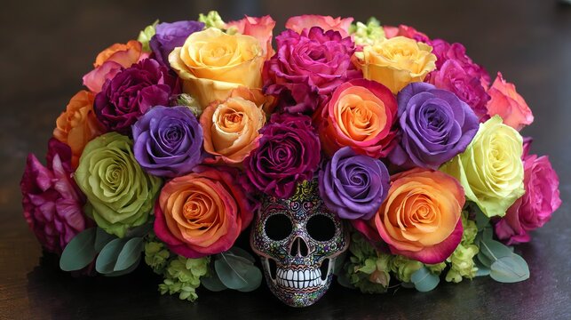 Celebrate Día de Muertos with vibrant roses and a decorative skull, perfect for a festive and colorful display with symbolic meaning