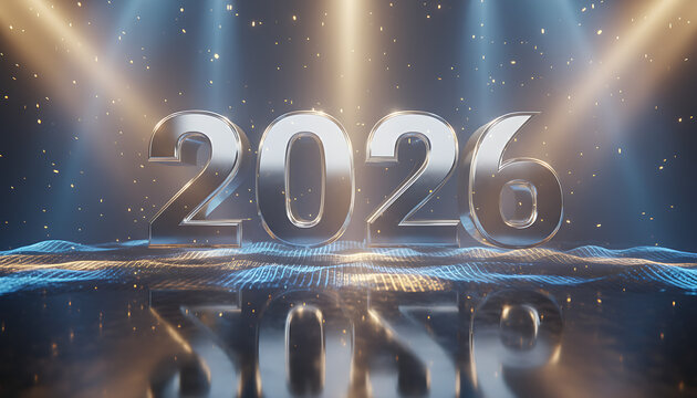 Gleaming chrome numerals of the year 2026 rise majestically against a backdrop of shimmering golden and blue spotlights, reflecting on a futuristic, rippling digital surface. - Powered by Adobe