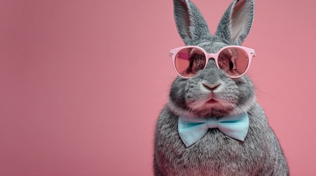 Charming bunny with pink sunglasses and bow tie on pink background adds a touch of whimsy to your design projects this spring season