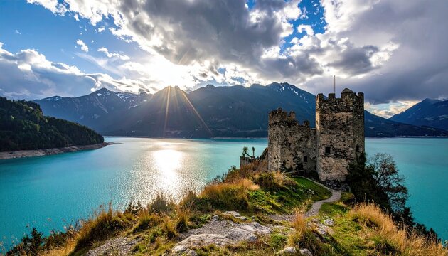 Ancient stone castle ruins on a grassy headland overlooking a bright turquoise lake and distant snow capped mountains under a dramatic cloudy sky with sun rays shining through.