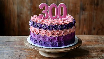 Festive Cake with Gradient-Colored 300 Topper, Celebrating Three Hundred Followers, Delicious Dessert Symbolizing Online Community Growth and Digital Success