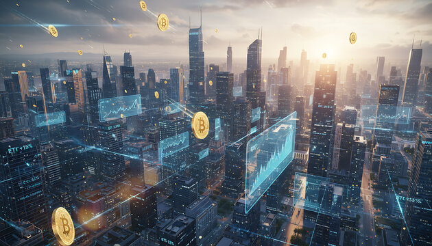 Futuristic cityscape with glowing Bitcoin symbols and holographic financial data displays, representing digital currency and technological advancement.
