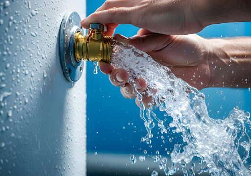 Draining residential hot water heater tank maintenance | Plumber opening brass valve for water flushing procedure | Close-up of hand releasing pressurized water from boiler fitting 