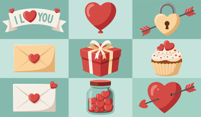 A collection of valentine's themed illustrations heart, love, valentine, arrow, cupcake, gift, jar, letter, lock, balloon, red, illustration, banner, ribbon, seal, bow, sweet, cream, keyhole, handle, 