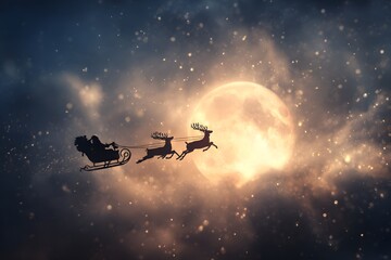 Naklejka premium Santa Sleigh Flying Across Full Moon 