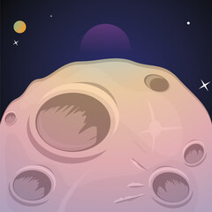 vector illustration of the moon's surface close up with a space background with planets and stars