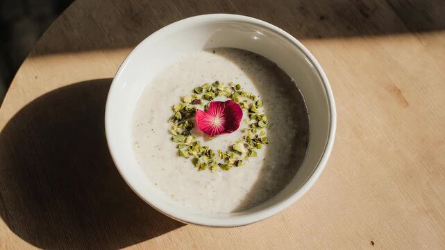 Creamy White Soup Garnished With Chopped Pistachios And A Single Pink Flower Petal Served In A White Bowl On A Wooden Table With Sunlight Streaks