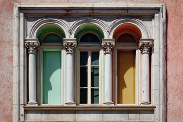 Obraz premium Charming Collage of Vintage Palladian Windows in Vibrant Colors: A Minimalistic Composition Showcasing the Beauty of Old Architectural Designs