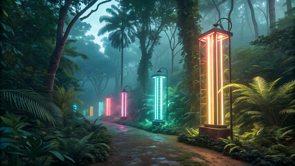 illustration of neon lamps in lush jungle

