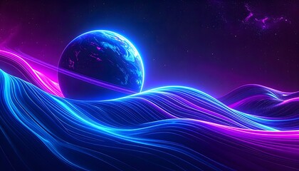 Futuristic outer space scene with glowing planet and abstract wave patterns, abstract background with space