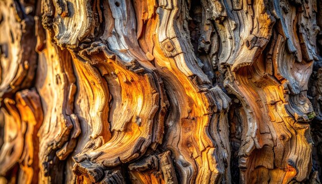 Close Up Abstract Texture of Aged Tree Bark with Golden Hour Sunlight Highlighting Natural Patterns and Rough Surface - Powered by Adobe