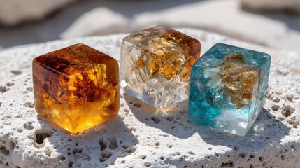 Resin cubes in warm amber and cool blue hues rest on a rocky surface reflecting sunlight beautifully.