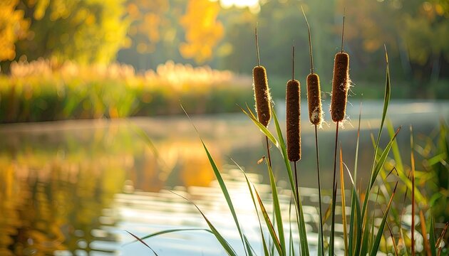 Close up of tall brown cattail reeds with bokeh background of shimmering golden water and trees bathed in warm sunset light
