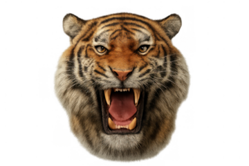 Tiger head showing fierce fangs and open mouth, roaring straight at viewer with intense predatory stare, transparent background