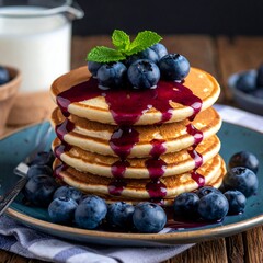Stack of pancakes drizzled with blueberry sauce and topped with fresh blueberries and mint