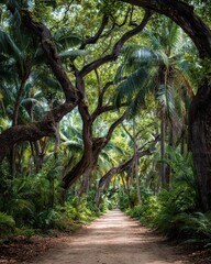 Naklejka premium Serene Pathway Through Lush Trees in Coconut Grove, Miami - A Tranquil Escape into Nature's Embrace