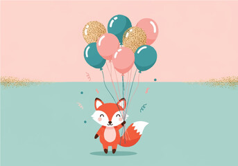 Obraz premium A cute cartoon fox stands smiling, holding a bunch of pink, teal, and gold glitter balloons against a split pink and teal background.