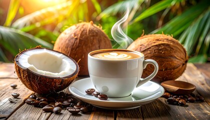 Steaming coffee with latte art sits on a rustic wooden surface among coconuts and coffee beans, bathed in sunlight