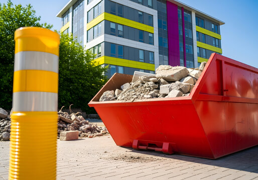 Red roll-off dumpster filled with construction waste and concrete debris | Waste management services for commercial building demolition | Yellow flexible barrier pole at urban development site 