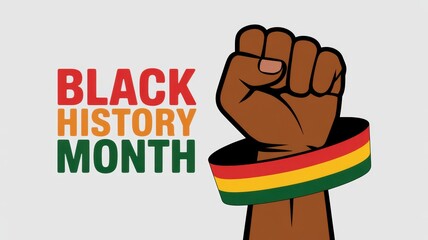 Black history month illustration with raised fist and pan african colors on a white background
