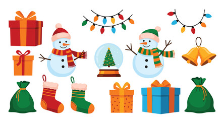 A delightful assortment of festive Christmas elements featuring cheerful snowmen, colorful lights, wrapped gifts, stockings, and holiday bells.