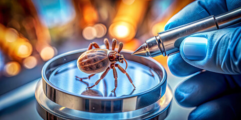 A gloved hand holds a pen above a detailed spider specimen placed on a reflective surface. The background features blurred warm lights, emphasizing the focus on the spider