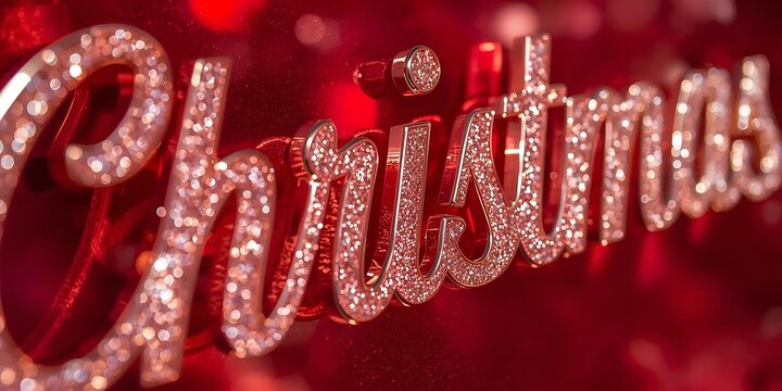 Sparkling "Christmas" text, red background with bokeh, glossy surface, shallow depth of field, warm light, festive ambiance, elegant typography, close-up perspective, joyful mood.
