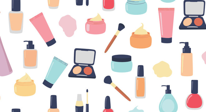 A seamless vector pattern of various cosmetic and beauty products including creams, lotions, makeup palettes, and application brushes.