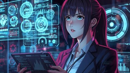 Futuristic Anime Business Analyst Navigating Digital Data and Holographic Interfaces with Tablet in High-Tech Environment