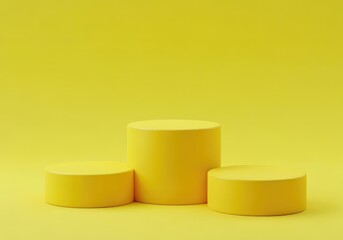 Minimalist yellow podium set, product display pedestal, 3d render, geometric stage for presentation