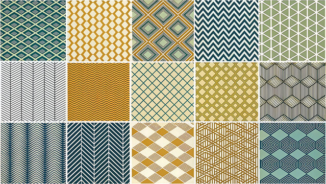 Collection of fifteen seamless abstract patterns in indigo, gold and cream