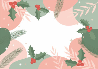 Festive holiday background featuring holly, berries, feathers, and abstract shapes, with a blank space.