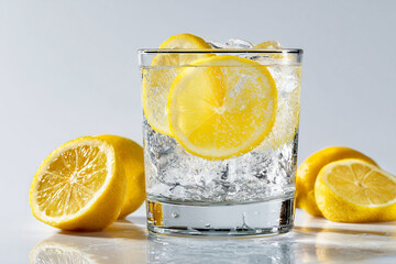 Glass of sparkling water with lemon slices and ice, condensation forming on the glass against a clean bright background.