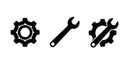 Set of gear and wrench icons simple flat design elements for settings maintenance and repair isolated on white background