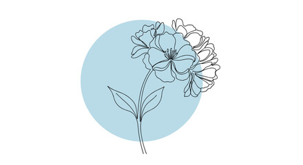 Minimalist line art illustration of delicate flowers with a blue accent, set against a soft circular background.