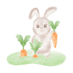 Cute little bunny with carrot on lawn. Watercolor rabbit illustration for Easter design. Hand-drawn isolated adorable hare. Funny character for baby farm theme Clipart forest animal for greeting card.