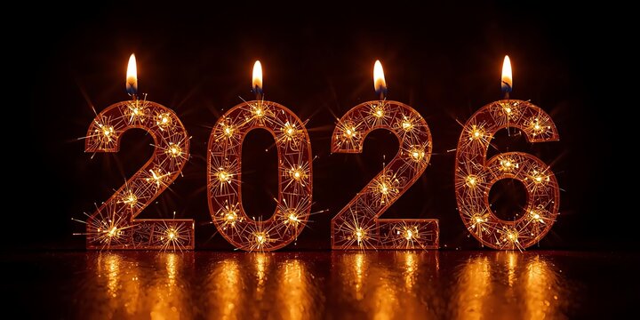 Four glowing, candle-topped numbers, "2026," stand in a row, reflecting warmly on a dark surface, creating a celebratory, hopeful ambiance.
